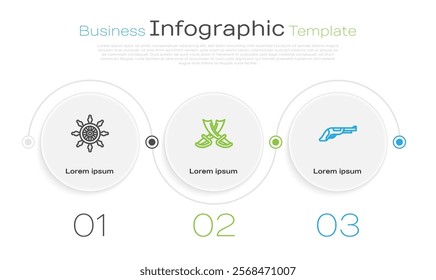 Set line Ship steering wheel, Crossed pirate swords and Vintage pistol. Business infographic template. Vector