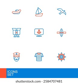 Set line Ship steering wheel, Striped sailor t-shirt, Captain of ship, Kayak and paddle, Binoculars, Anchor, Bird seagull and Yacht sailboat icon. Vector