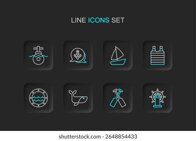 Set line Ship steering wheel, Crossed oars or paddles boat, Whale, porthole, Striped sailor t-shirt, Yacht sailboat, Anchor and Submarine icon. Vector