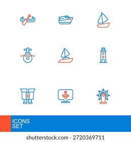 Línea de juego Volante de barco, ancla, binoculares, faro, submarino, velero de yate e icono de lancha rápida. Vector