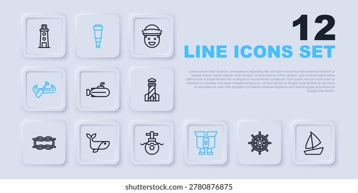 Set line Ship steering wheel, Yacht sailboat, Submarine, Binoculars, Kayak and paddle, Whale, Spyglass telescope lens and  icon. Vector