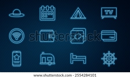 Set line Ship steering wheel, Credit card, Tourist tent, Wallet, Wi-Fi wireless internet network, Elegant women hat, Photo and Calendar icon. Vector