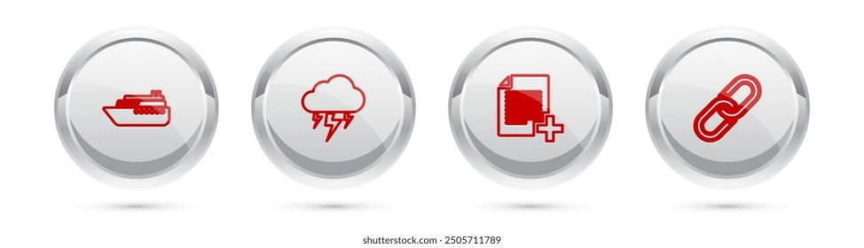 Añadir nueva Establecer la línea de envío, tormenta, archivo y Enlace de cadena. Botón de círculo plateado. Vector