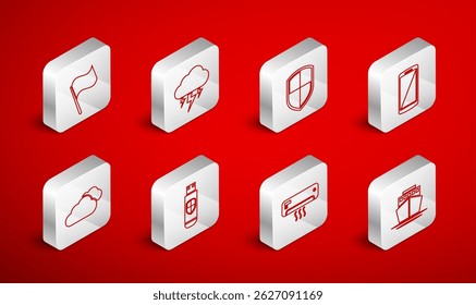 Set line Ship, Storm, Shield, Smartphone, mobile phone, Air conditioner, Flag, USB flash drive and shield and Cloud icon. Vector