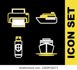 Set line Ship, USB flash drive and shield and Printer icon. Vector