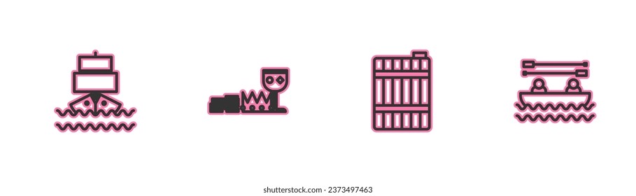 Set line Ship, Wooden barrel, Treasure and riches and Boat with oars icon. Vector