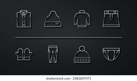 Set line Shirt, Christmas mittens, Skirt, Beanie hat, Leggings, Men underpants and Sweater icon. Vector