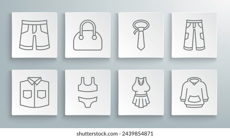 Set line Shirt, Handbag, Swimsuit, Undershirt, Hoodie, Tie, Pants and Short or pants icon. Vector