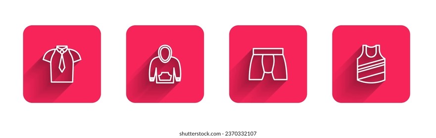 Set line Shirt, Hoodie, Men underpants and Undershirt with long shadow. Red square button. Vector