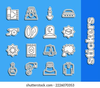 Set line Shirt kurta, Rosary beads religion, Kaaba mosque, Burning candle, Date fruit, Ramadan cannon, Traditional carpet and Muslim cemetery icon. Vector