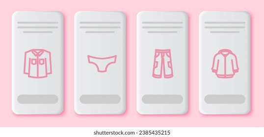 Set line Shirt, Men underpants, Pants and Hoodie. White rectangle button. Vector
