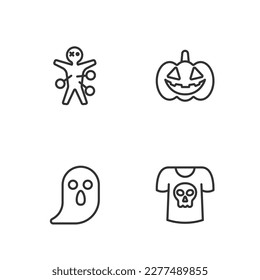 Fijar la línea Shirt con el cráneo, Ghost, muñeca Voodoo e ícono de Calabaza. Vector