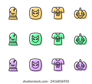 Set line Shirt with skull, Tombstone RIP written, Black cat and Pumpkin icon. Vector