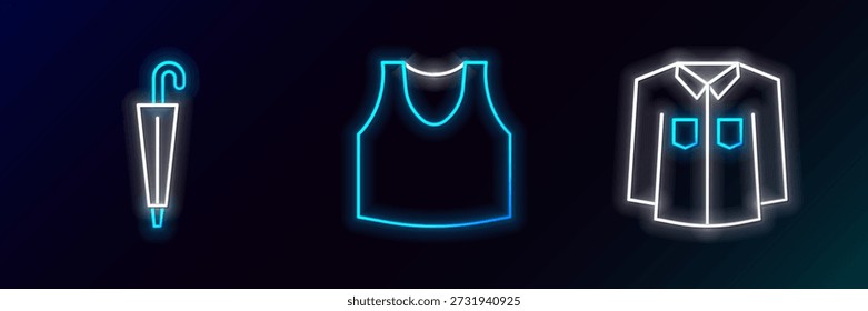Set line Shirt, Umbrella and Undershirt icon. Glowing neon. Vector