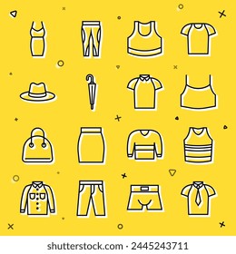 Set line Shirt, Undershirt, Female crop top, Umbrella, Man hat, Woman dress and Polo icon. Vector