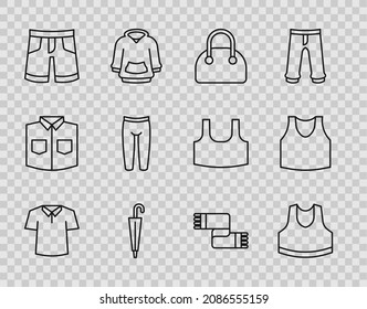 Set line Shirt, Undershirt, Handbag, Umbrella, Short or pants, Leggings, Winter scarf and  icon. Vector