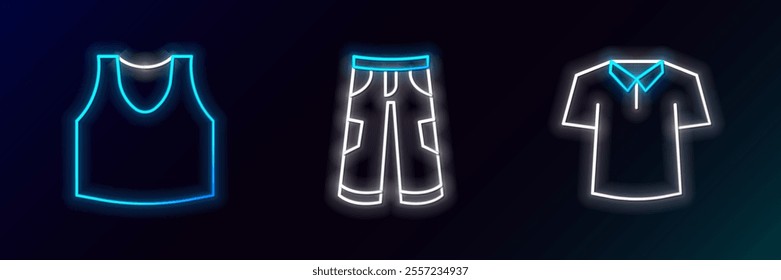 Set line Shirt, Undershirt and Pants icon. Glowing neon. Vector