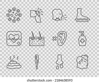 Set line Shit, High human body temperature, Man coughing, Medical thermometer, Virus, Hair covering skin, Runny nose and Liquid antibacterial soap icon. Vector