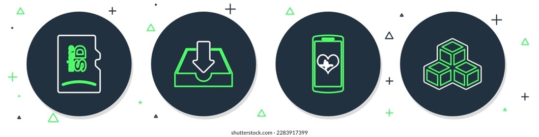 Set line Shit, Smartphone with wireless, Micro SD memory card and Isometric cube icon. Vector