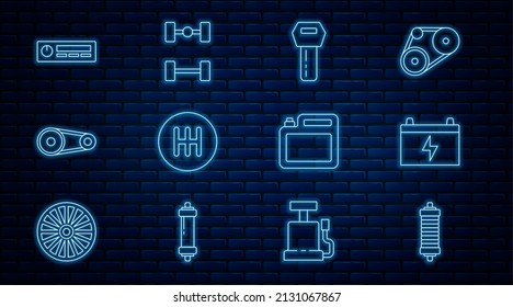 Set line Shock absorber, Car battery, key with remote, Gear shifter, Timing belt kit, Audio, Canister for motor oil and Chassis car icon. Vector