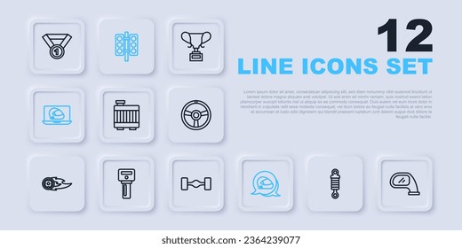 Set line Shock absorber, Car mirror, radiator cooling system, Racing helmet, key with remote, traffic light and Chassis car icon. Vector