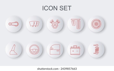 Set line Shock absorber, Car handbrake, engine, battery, door handle, Windscreen wiper, Steering wheel and  icon. Vector