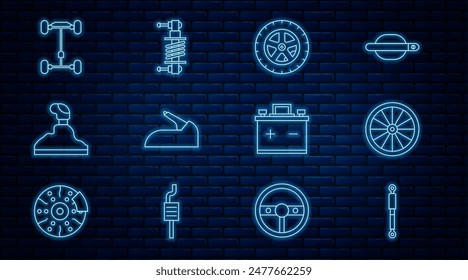 Set line Shock absorber, Car wheel, handbrake, Gear shifter, Chassis car, battery and  icon. Vector