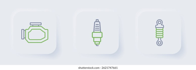 Set line Shock absorber, Car spark plug and Check engine icon. Vector