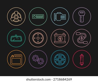Amortiguador de línea del sistema, cable de alimentación del puente de la batería de coche, motor de la comprobación, engranaje, espejo, ventilador del motor, e icono audio. Vector