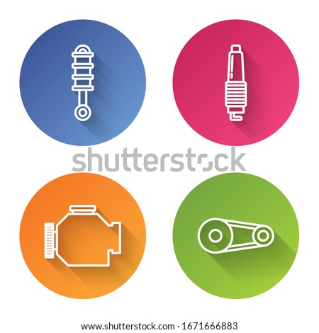 Set line Shock absorber, Car spark plug, Check engine and Timing belt kit. Color circle button. Vector