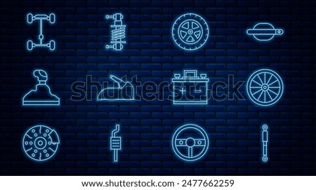 Set line Shock absorber, Car wheel, handbrake, Gear shifter, Chassis car, battery and  icon. Vector