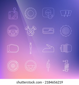Fijar la línea Amortiguador de choque, Motor eléctrico, Rueda del coche, Tapa de llenado de aceite en la estación de gasolina, Dirección, Desplazador de velocidades e icono de la manecilla de la puerta. Vector