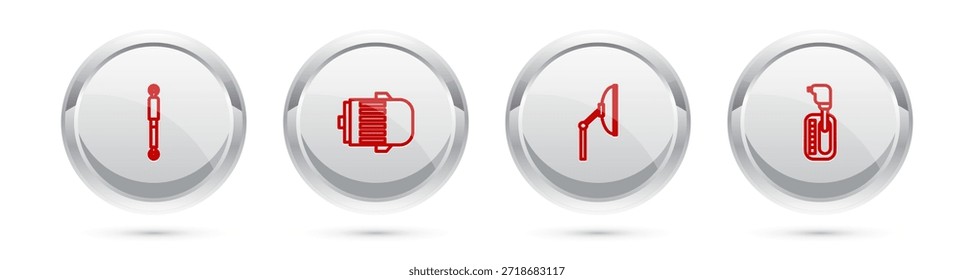Amortiguador, motor eléctrico, limpiaparabrisas y cambio de marchas. Botón de círculo plateado. Vector
