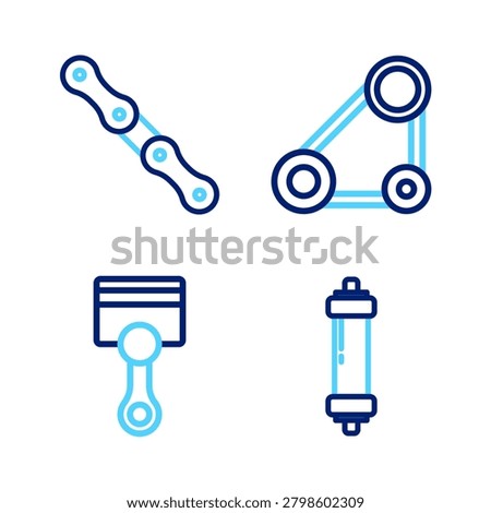 Set line Shock absorber, Engine piston, Timing belt kit and Car chain icon. Vector