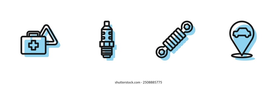 Amortecedor de choque, kit de primeiros socorros e triângulo de aviso, Vela de vela de carro e Localização com ícone de serviço de carro. Vetor