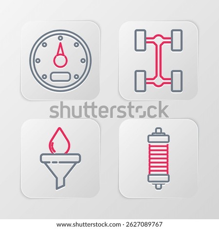 Set line Shock absorber, Funnel and oil drop, Chassis car and Speedometer icon. Vector