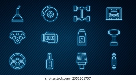 Amortiguador de choque, cambiador del engranaje, coche del chasis, motor de la comprobación, poder, cartucho para el aceite de la máquina del motor, y disco del freno de coche con el icono del calibrador. Vector