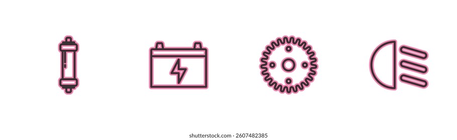Set line Shock absorber, Gear, Car battery and High beam icon. Vector