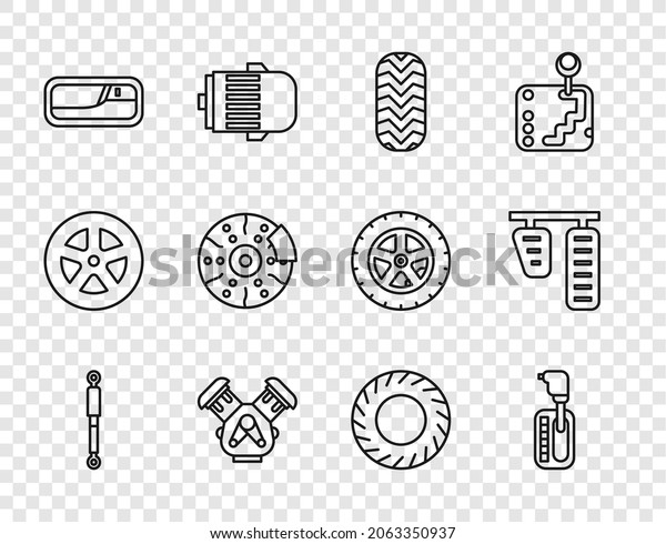 Set\
line Shock absorber, Gear shifter, Car tire, engine, door handle,\
brake disk with caliper,  and gas pedals icon.\
Vector