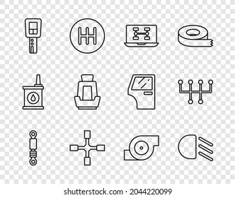 Fijar línea amortiguador, luz de carretera, estado de diagnóstico del coche, llave de rueda, llave del coche con mando a distancia, asiento, turbocompresor automático e icono del selector de velocidades. Vector