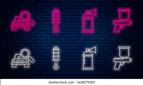 Ajuste de línea de amortiguador, lata de pintura, búsqueda de Camión y pistola de pintura. Icono de neón brillante en la pared de ladrillo. Vector