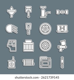 Set-Linie Stoßdämpfer, Paint-Spritzpistole, Diagnose Zustand des Autos, Auto-Luftpumpe, Schlüssel mit Fernbedienung, Fernlicht, Trichter und Öltropfen und Radsymbol. Vektorgrafik