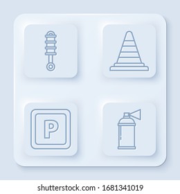 Set line Shock absorber, Traffic cone, Parking and Paint spray can. White square button. Vector