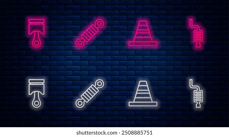Set line Shock absorber, Traffic cone, Engine piston and Car muffler. Glowing neon icon on brick wall. Vector
