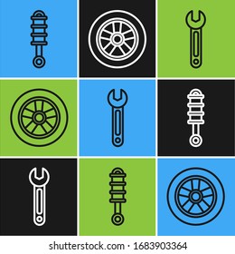 Set line Shock absorber, Wrench and Car wheel icon. Vector