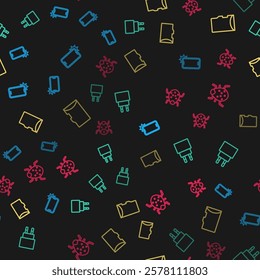 Set line Shockproof phone, Charger, Micro SD memory card and System bug on seamless pattern. Vector