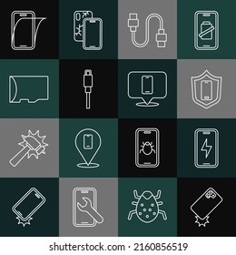Set line Shockproof phone, Mobile charging battery, with shield, USB cable cord, Micro SD memory card, Glass screen protector and Phone repair service icon. Vector
