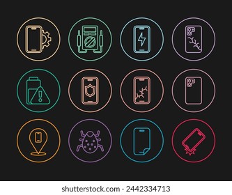 Set line Shockproof phone, Smartphone, Mobile charging battery, with shield, charge, Phone repair service, broken screen and Multimeter icon. Vector
