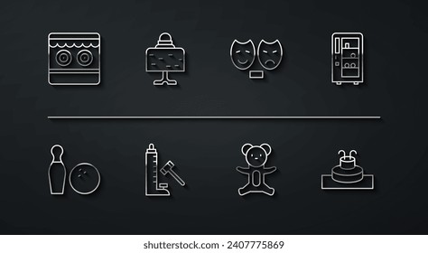 Fijar línea Galería de disparos, Pabellón de bolas y pelota, Máquina de vending, juguete de peluche de oso de Teddy, atracción de Striker con martillo, mesa mágica, Fuente y icono de máscaras de tragedias de comedia. Vector