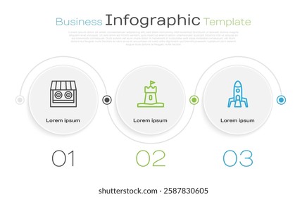 Set line Shooting gallery, Sand tower and Rocket ship. Business infographic template. Vector